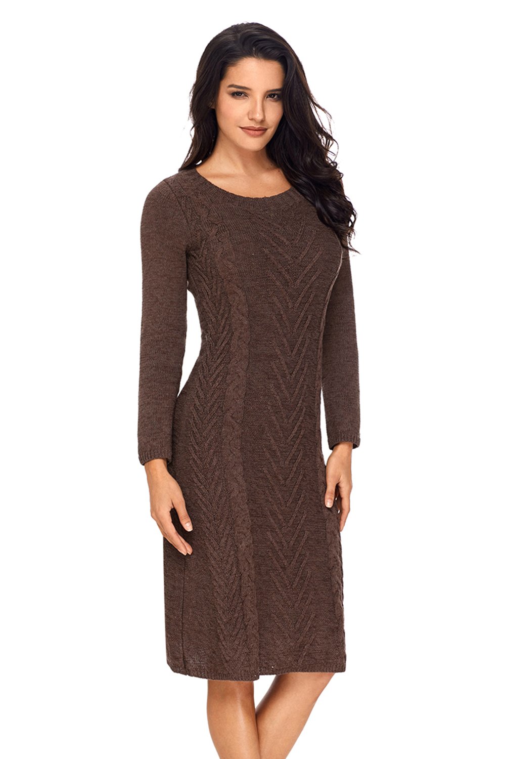 A stylish women's coffee hand knitted sweater dress featuring a chic O-neck design and full sleeves, perfect for autumn and winter wear.