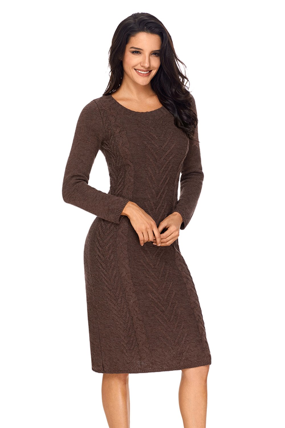 A stylish women's coffee hand knitted sweater dress featuring a chic O-neck design and full sleeves, perfect for autumn and winter wear.