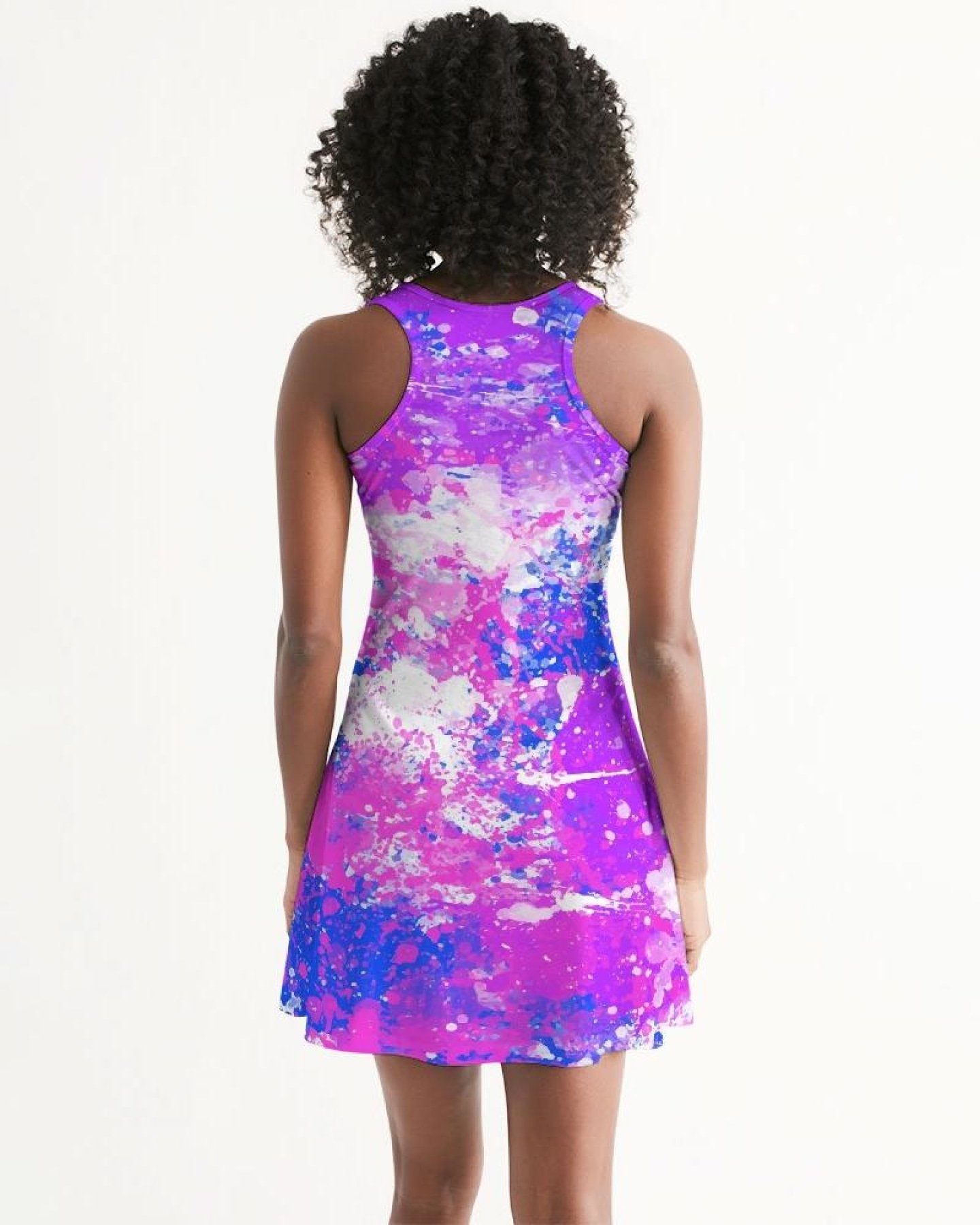 A stylish Cotton Candy Purple Racerback Dress, showcasing a scoop neckline and above-knee length, perfect for casual outings.