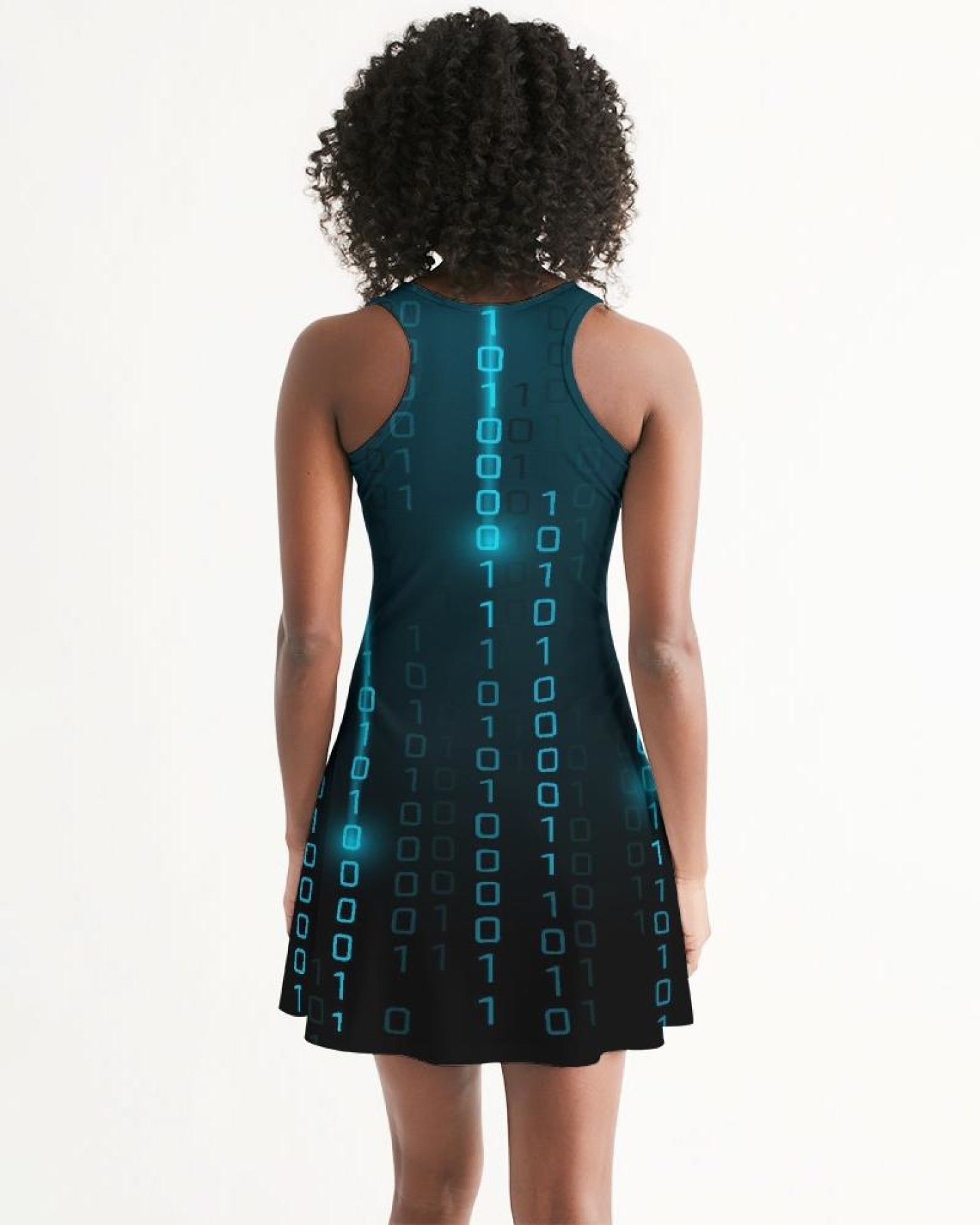 A stylish blue women's racerback dress featuring a scoop neckline and above-knee length, perfect for casual outings.