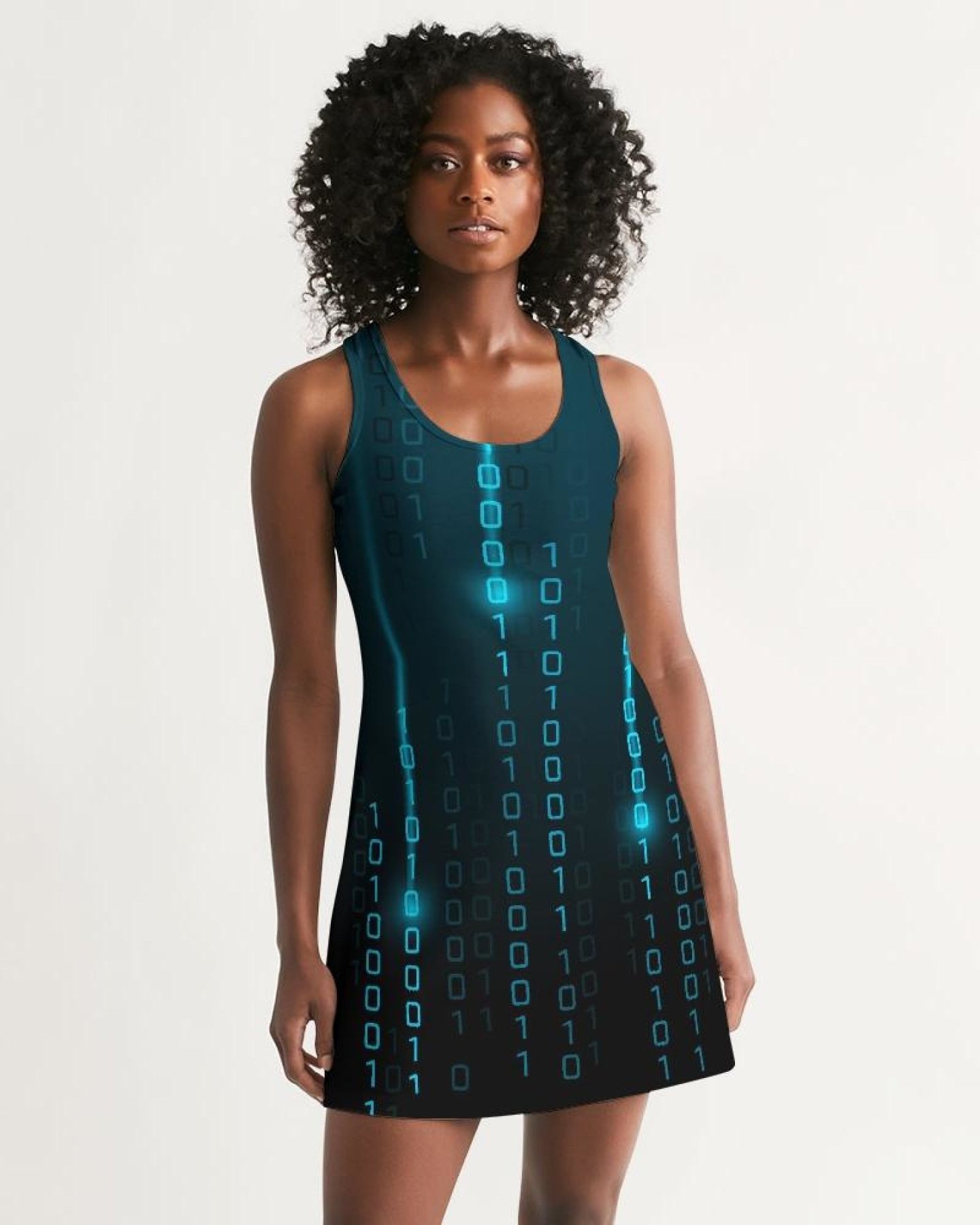 A stylish blue women's racerback dress featuring a scoop neckline and above-knee length, perfect for casual outings.