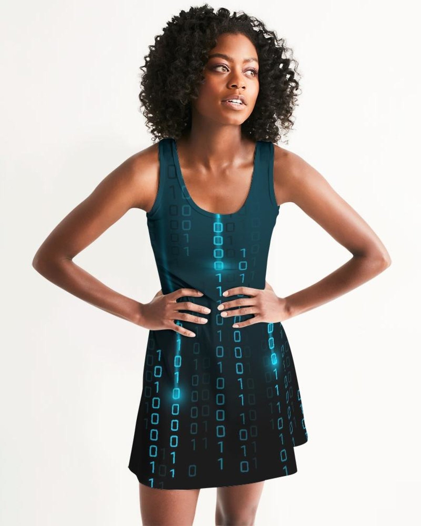 A stylish blue women's racerback dress featuring a scoop neckline and above-knee length, perfect for casual outings.