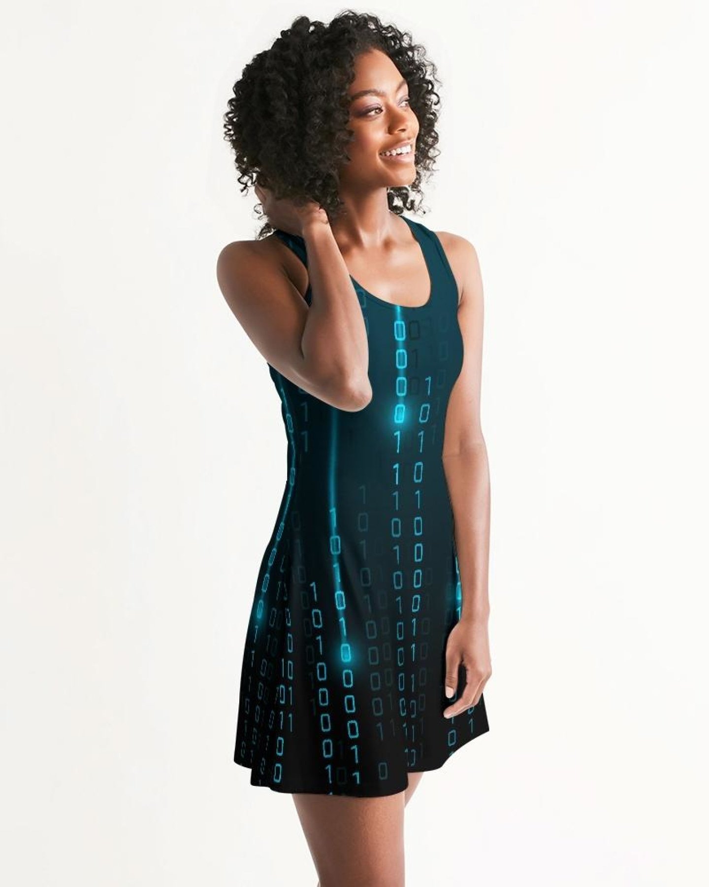 A stylish blue women's racerback dress featuring a scoop neckline and above-knee length, perfect for casual outings.