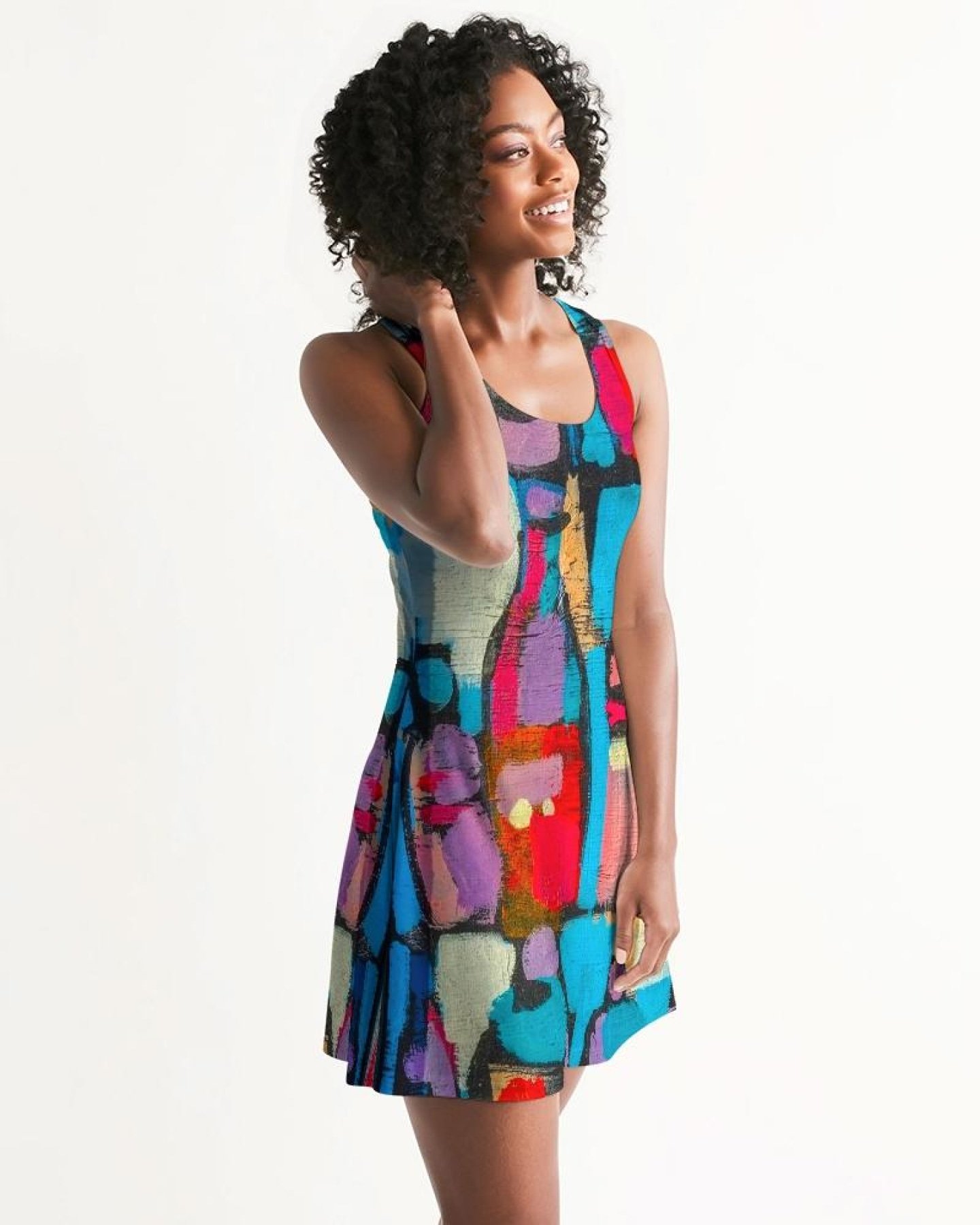 Multicolor Womens Dress featuring an edgy geometric design and racerback style, perfect for casual and stylish occasions.