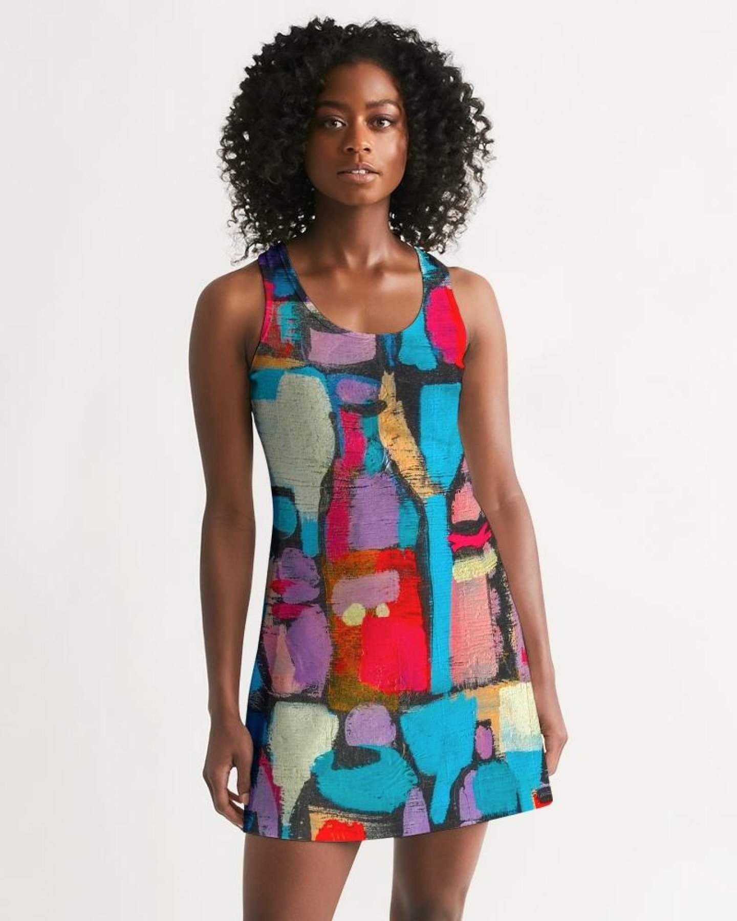 Multicolor Womens Dress featuring an edgy geometric design and racerback style, perfect for casual and stylish occasions.