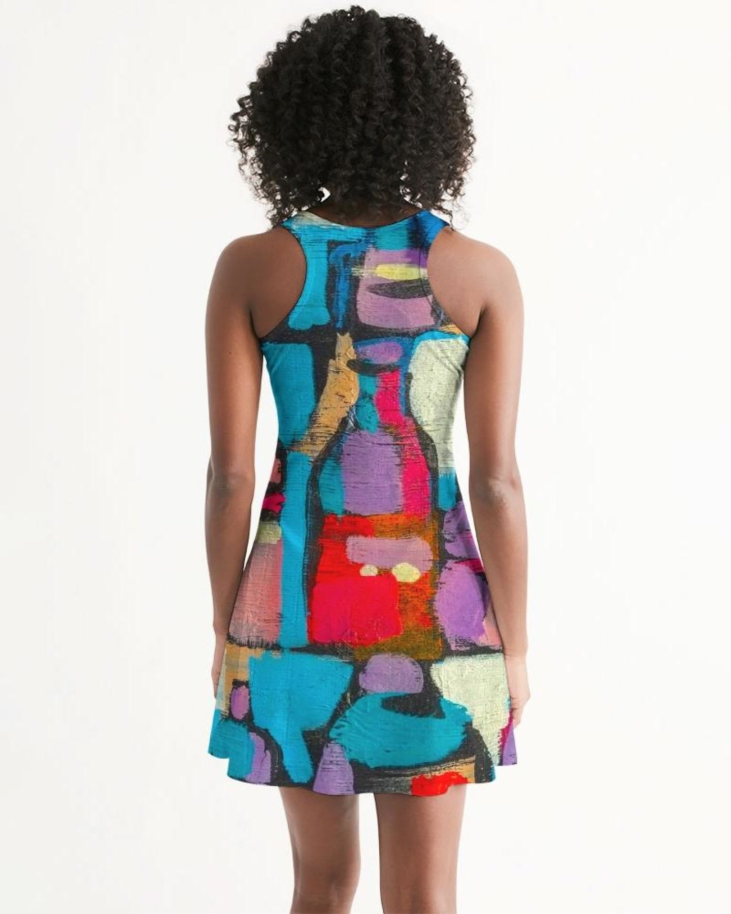 Multicolor Womens Dress featuring an edgy geometric design and racerback style, perfect for casual and stylish occasions.