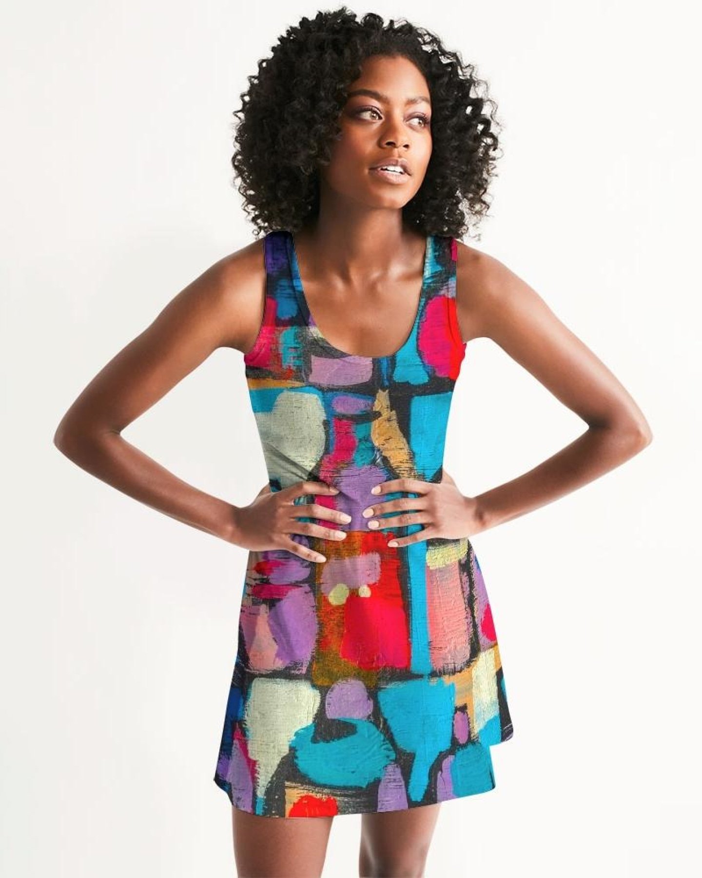 Multicolor Womens Dress featuring an edgy geometric design and racerback style, perfect for casual and stylish occasions.