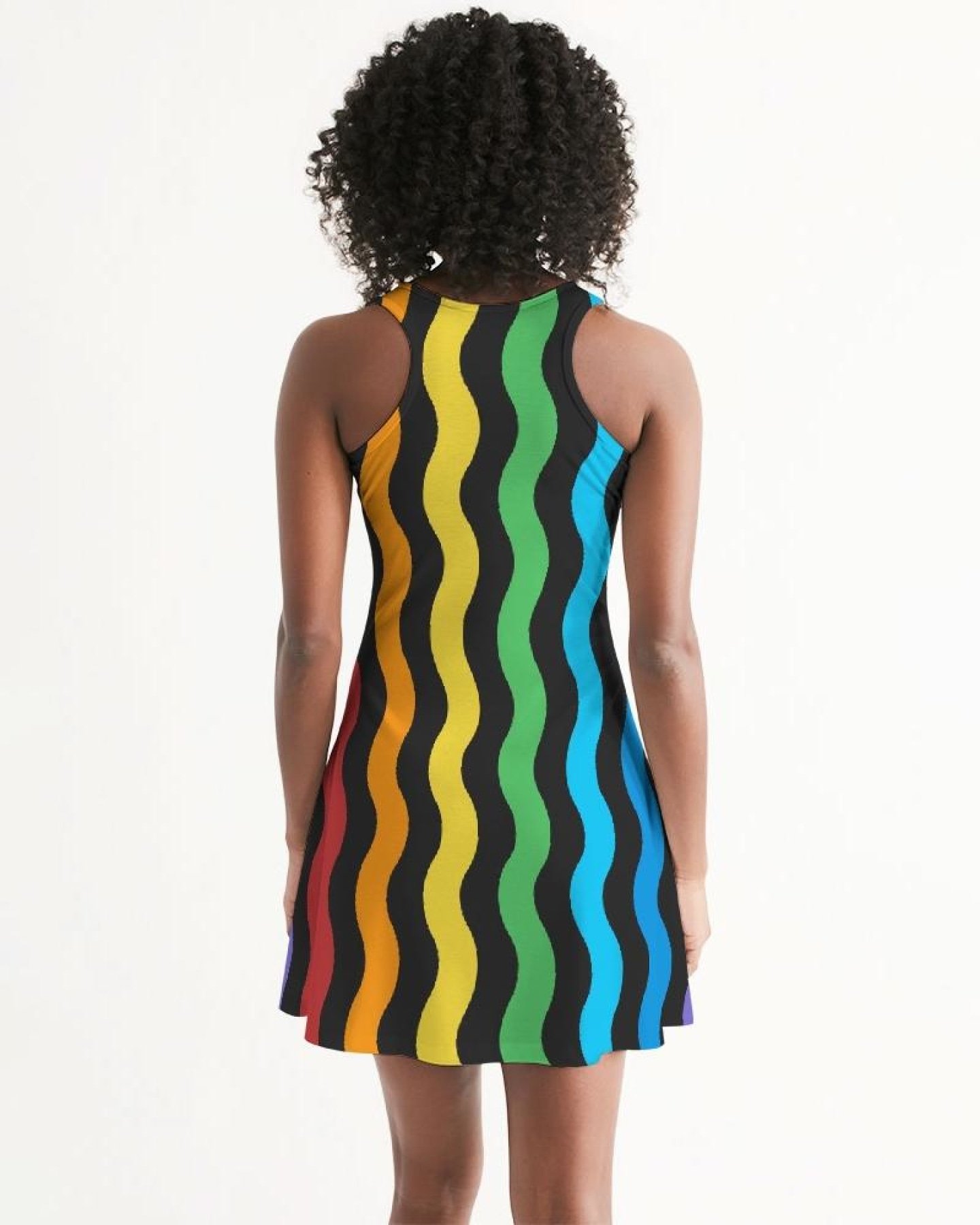 A vibrant Women's Rainbow Stripped Style Racerback Dress featuring a scoop neckline and colorful stripes, perfect for casual outings.