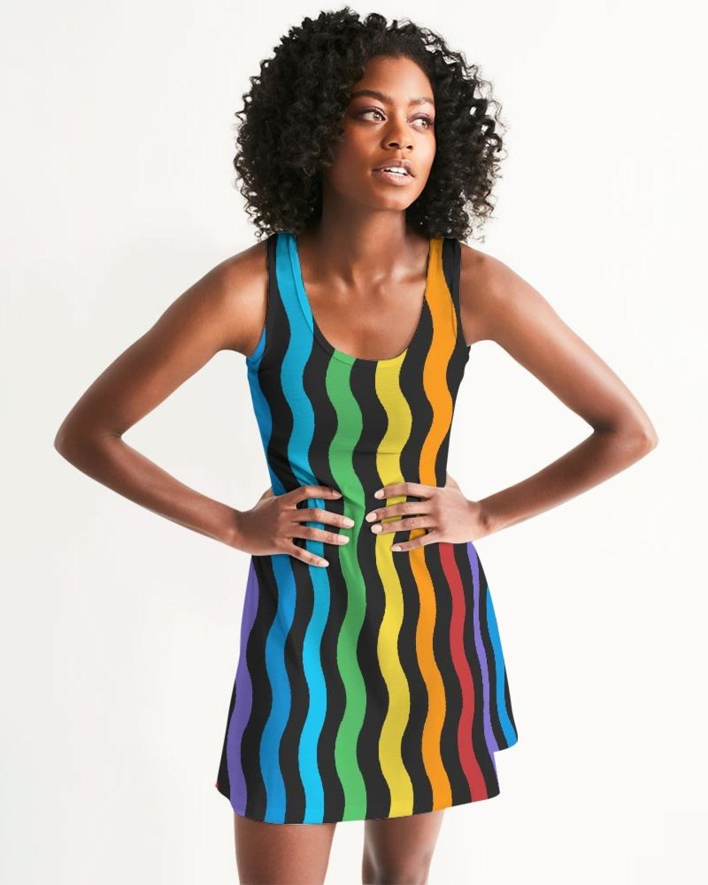 A vibrant Women's Rainbow Stripped Style Racerback Dress featuring a scoop neckline and colorful stripes, perfect for casual outings.