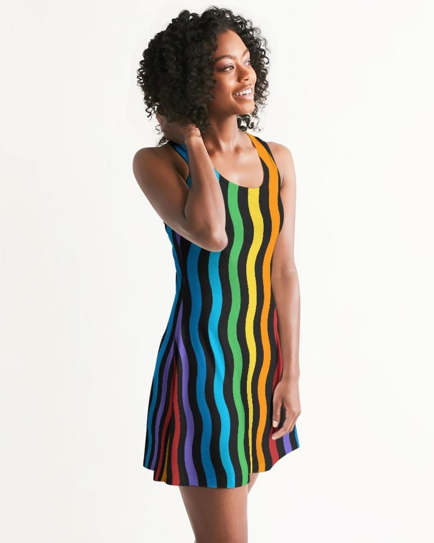 A vibrant Women's Rainbow Stripped Style Racerback Dress featuring a scoop neckline and colorful stripes, perfect for casual outings.