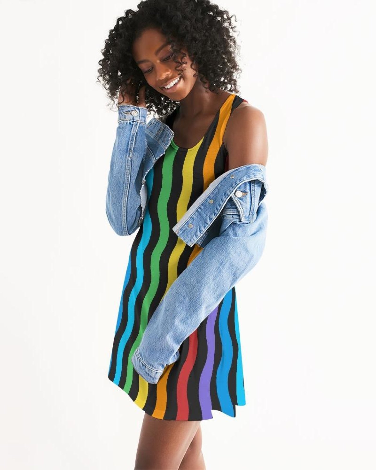 A vibrant Women's Rainbow Stripped Style Racerback Dress featuring a scoop neckline and colorful stripes, perfect for casual outings.