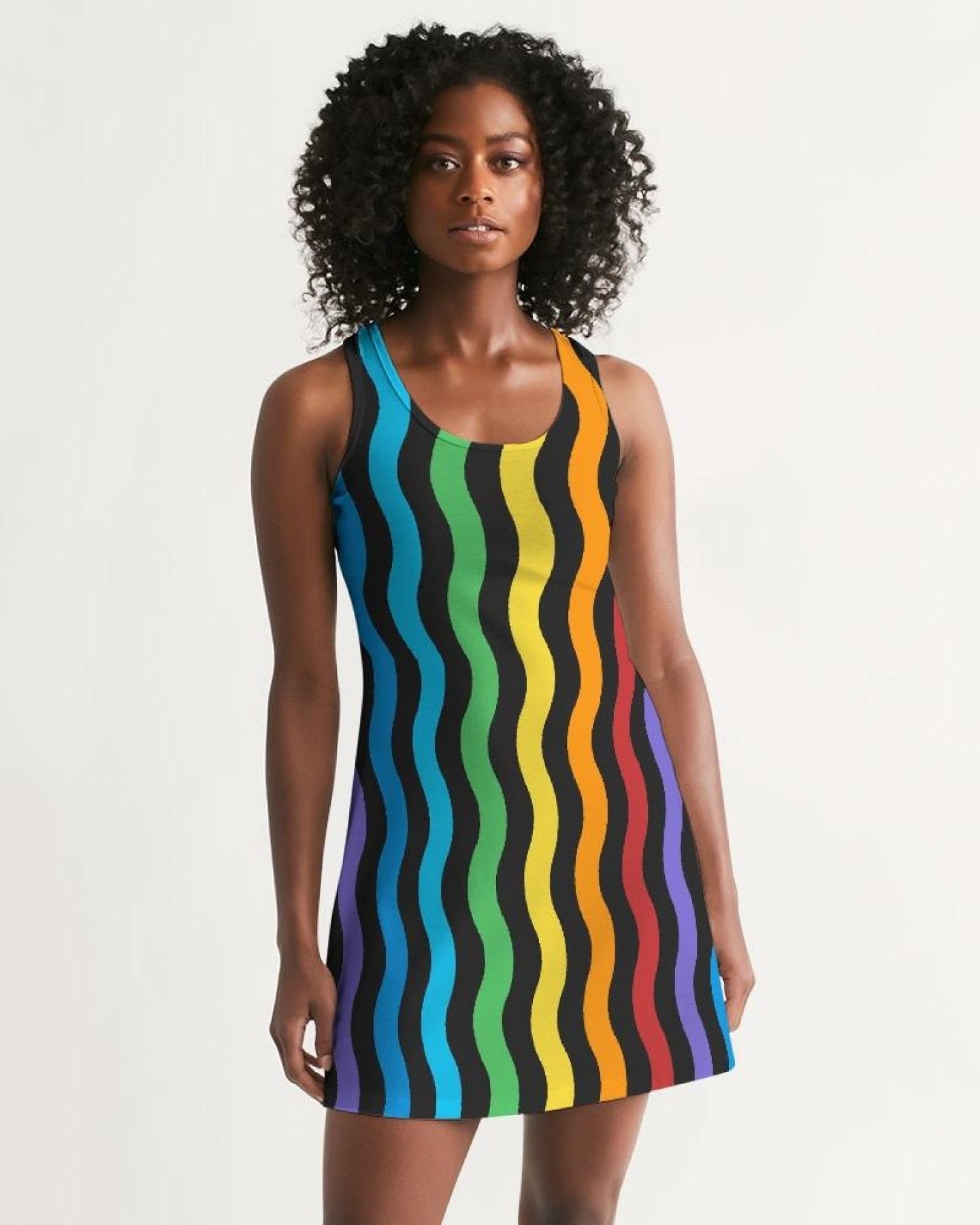 A vibrant Women's Rainbow Stripped Style Racerback Dress featuring a scoop neckline and colorful stripes, perfect for casual outings.