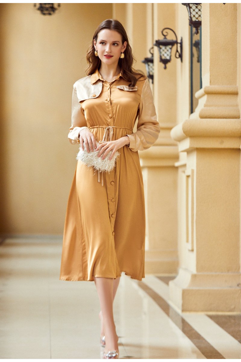 Women's elegant khaki mid waist long sleeve dress featuring a turn-down collar and sashes, perfect for office or casual wear.