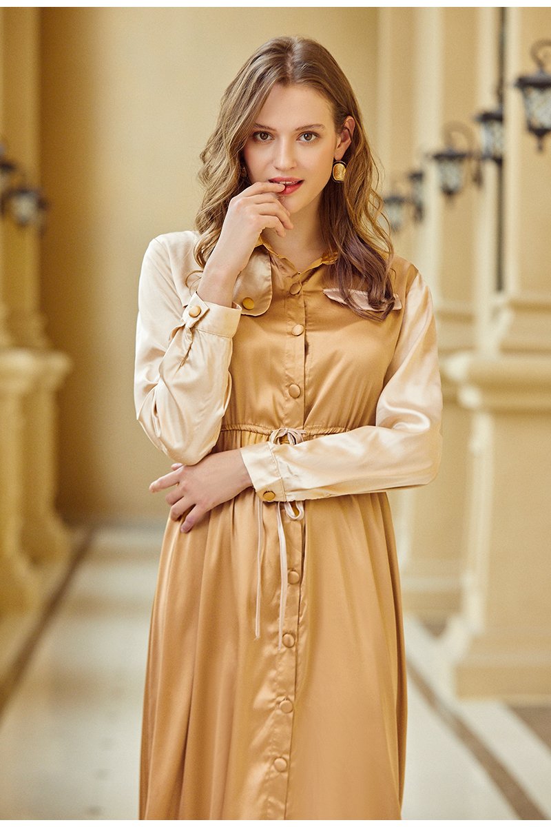 Women's elegant khaki mid waist long sleeve dress featuring a turn-down collar and sashes, perfect for office or casual wear.