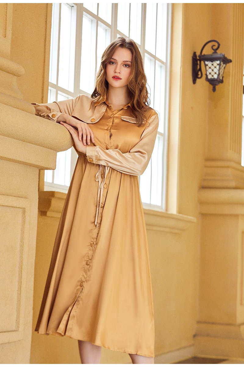 Women's elegant khaki mid waist long sleeve dress featuring a turn-down collar and sashes, perfect for office or casual wear.