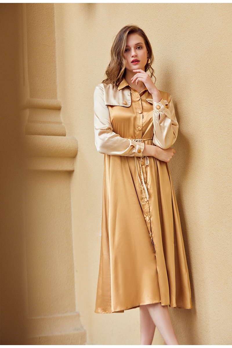 Women's elegant khaki mid waist long sleeve dress featuring a turn-down collar and sashes, perfect for office or casual wear.