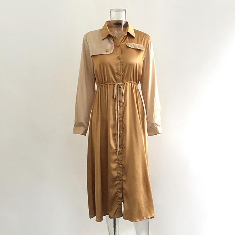 Women's elegant khaki mid waist long sleeve dress featuring a turn-down collar and sashes, perfect for office or casual wear.