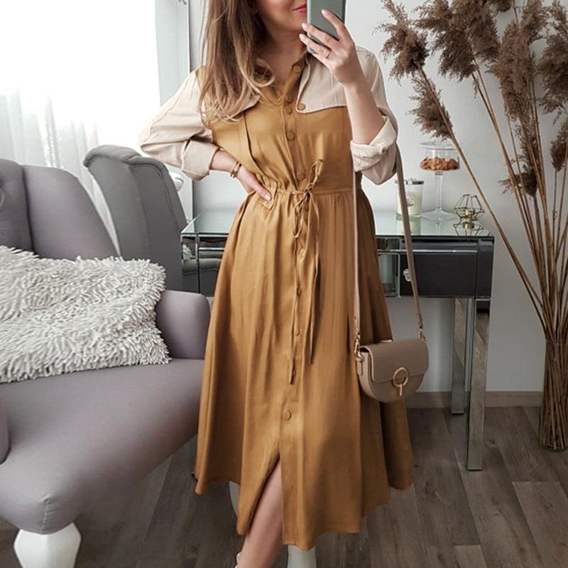 Women's elegant khaki mid waist long sleeve dress featuring a turn-down collar and sashes, perfect for office or casual wear.