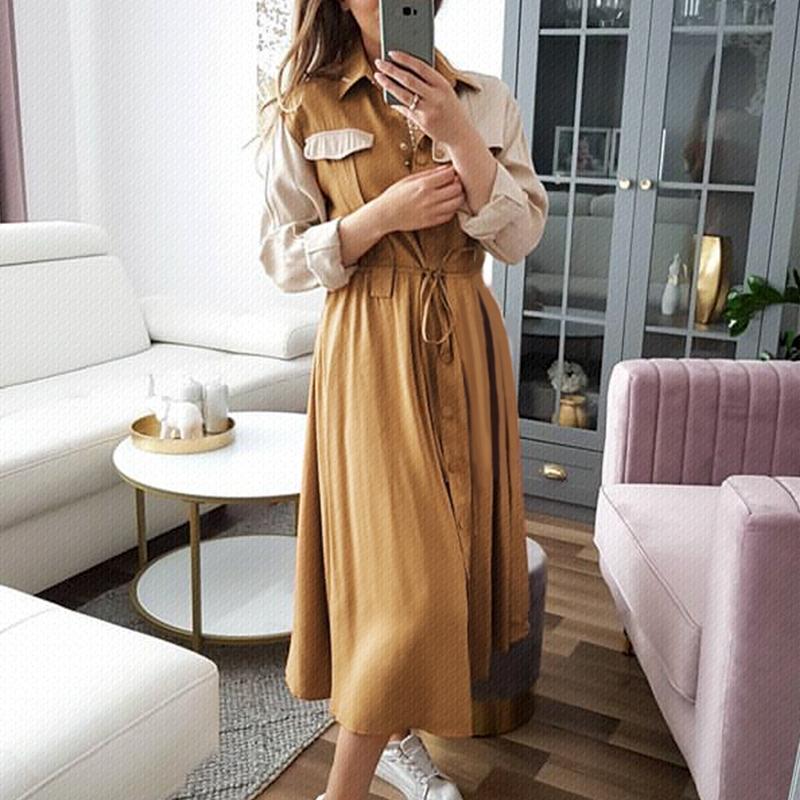 Women's elegant khaki mid waist long sleeve dress featuring a turn-down collar and sashes, perfect for office or casual wear.