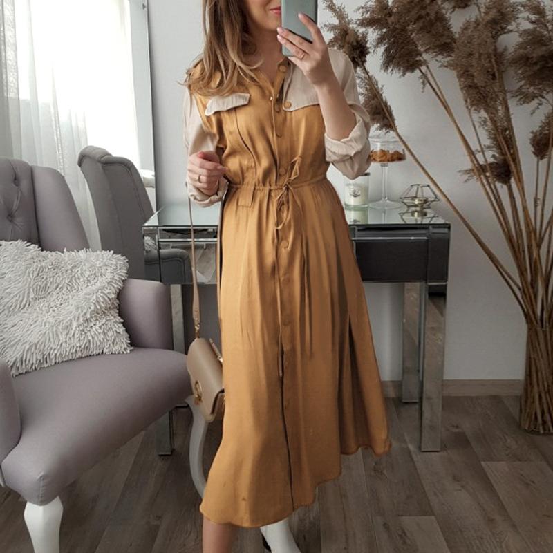 Women's elegant khaki mid waist long sleeve dress featuring a turn-down collar and sashes, perfect for office or casual wear.