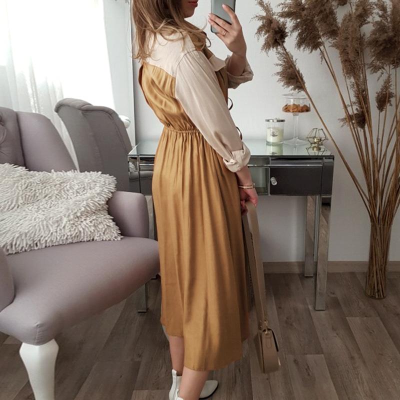 Women's elegant khaki mid waist long sleeve dress featuring a turn-down collar and sashes, perfect for office or casual wear.