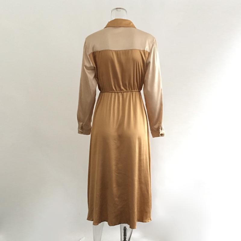 Women's elegant khaki mid waist long sleeve dress featuring a turn-down collar and sashes, perfect for office or casual wear.