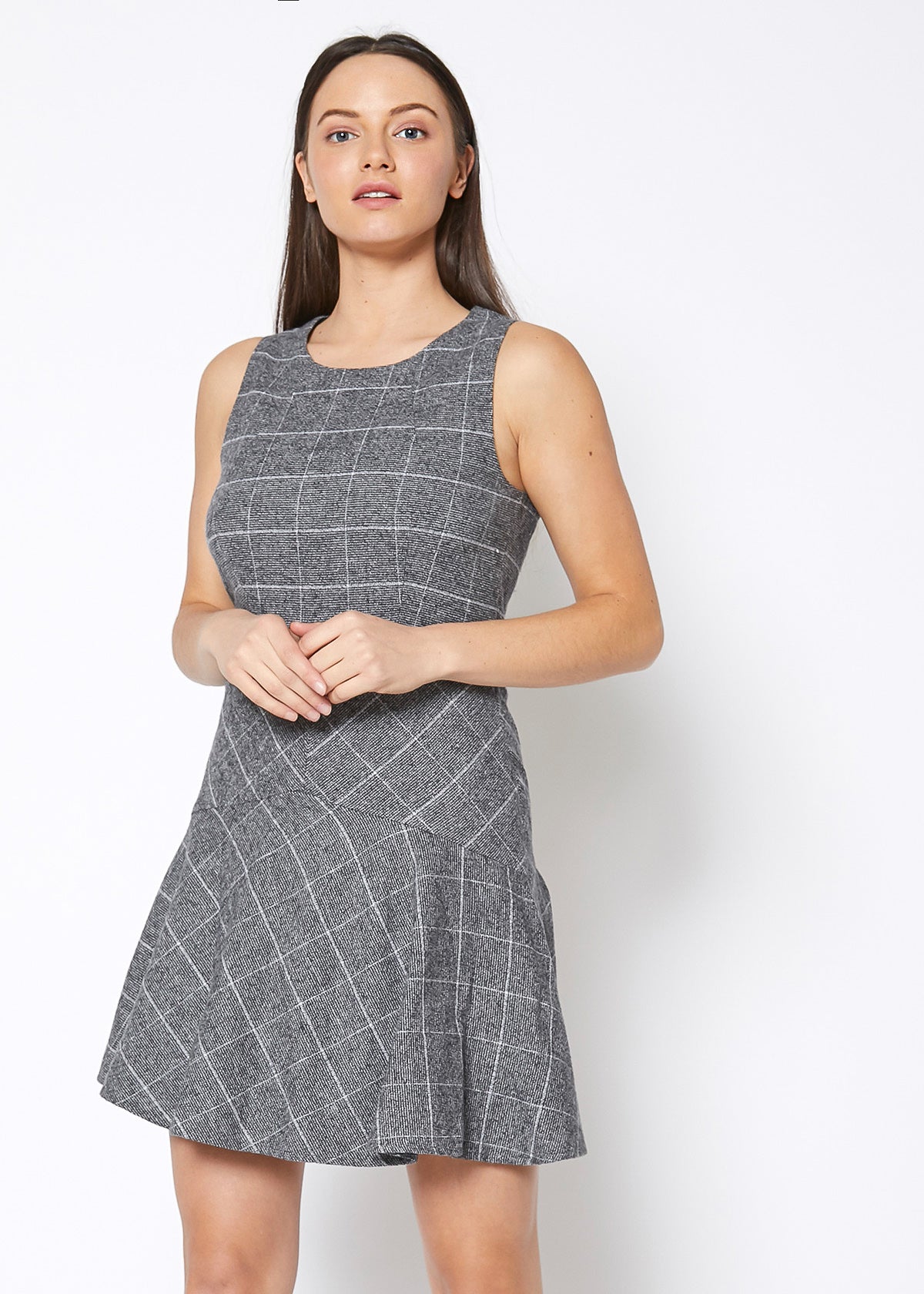 Women's Fit & Flare Tank Dress in Gray Plaid, showcasing a stylish design with a back zipper closure and sleeveless cut.