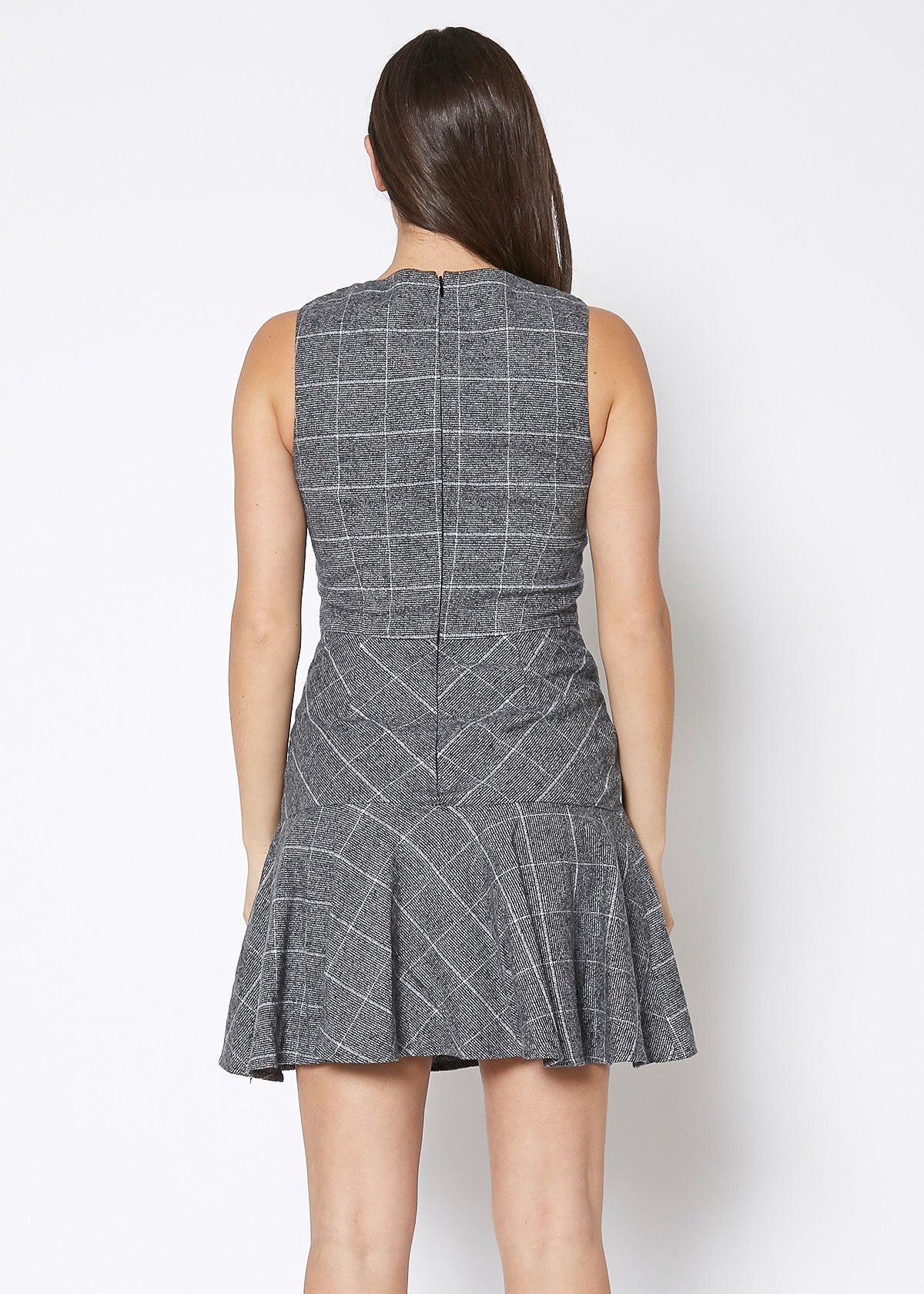 Women's Fit & Flare Tank Dress in Gray Plaid, showcasing a stylish design with a back zipper closure and sleeveless cut.