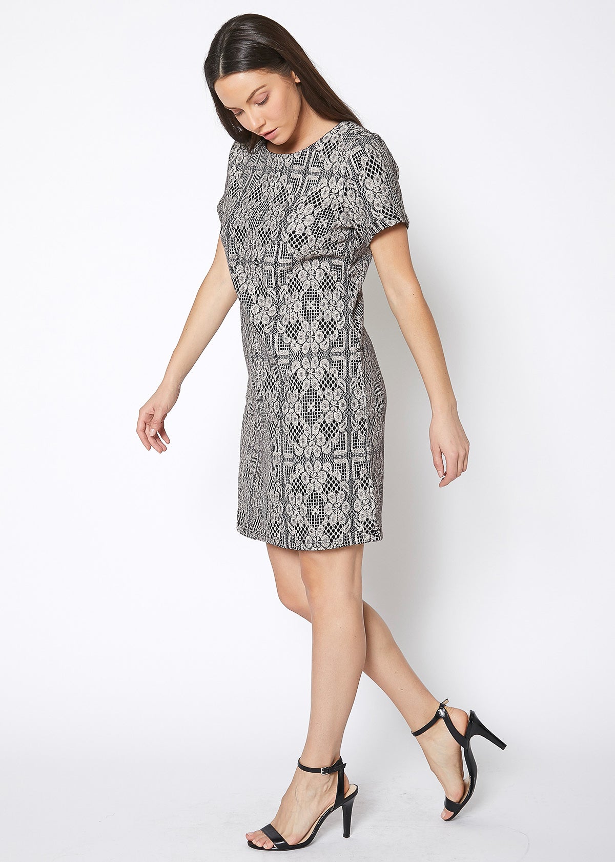 A stylish Women's Flower Embossed Shift Dress featuring thick floral embroidery, short sleeves, and a zipper back closure.