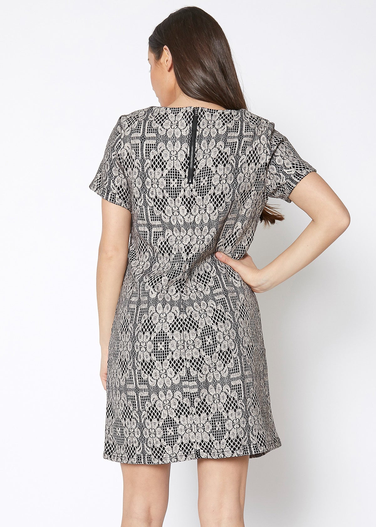 A stylish Women's Flower Embossed Shift Dress featuring thick floral embroidery, short sleeves, and a zipper back closure.