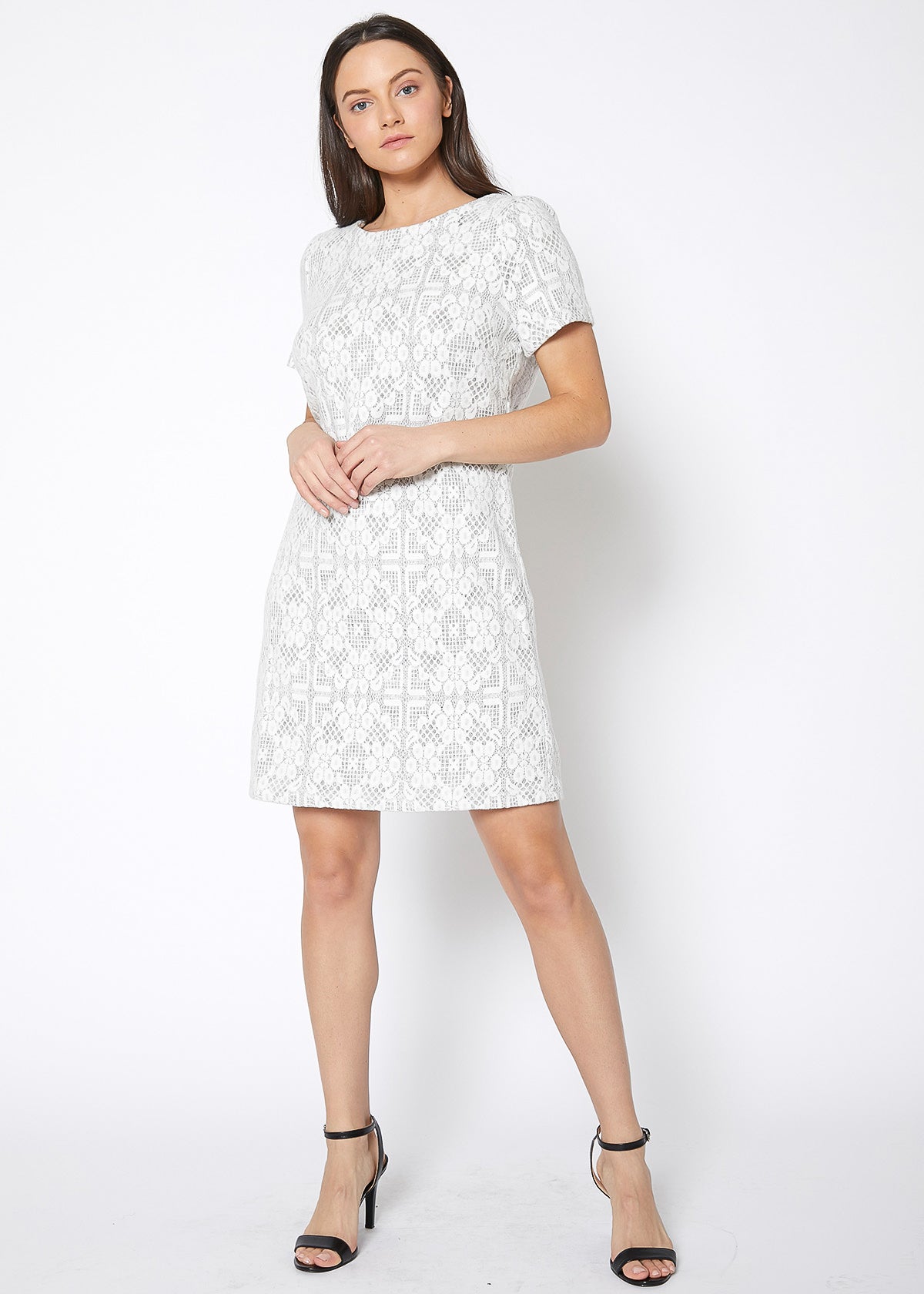 A stylish Women's Flower Embossed Shift Dress featuring thick floral embroidery, short sleeves, and a zipper back closure.