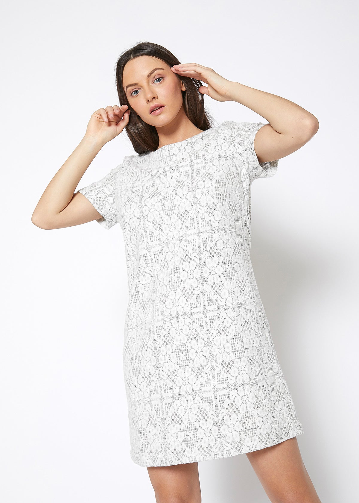 A stylish Women's Flower Embossed Shift Dress featuring thick floral embroidery, short sleeves, and a zipper back closure.