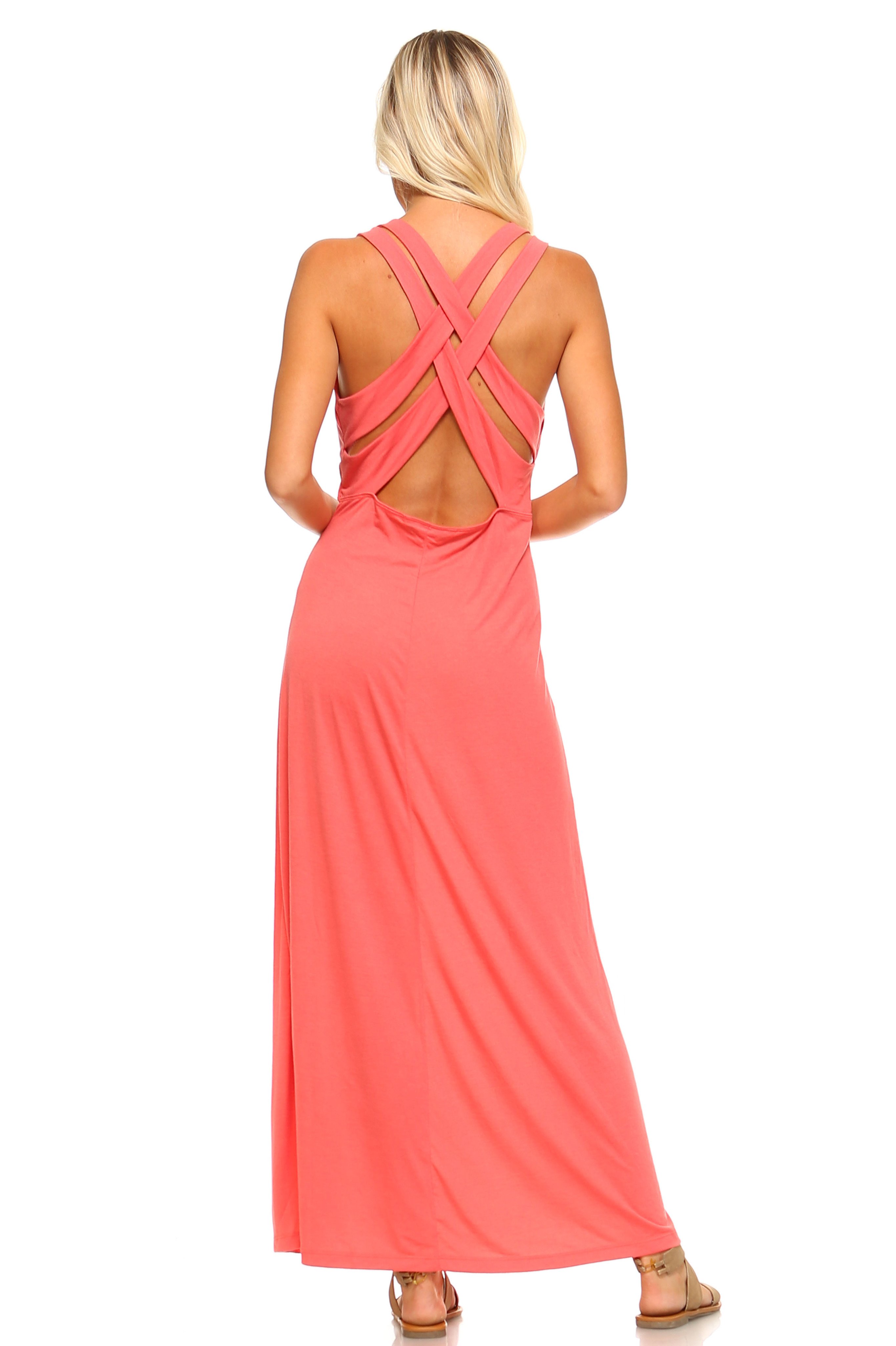 A stylish Women's Halter Maxi Dress featuring cross back straps, perfect for summer outings, showcasing a model wearing it in a vibrant color.