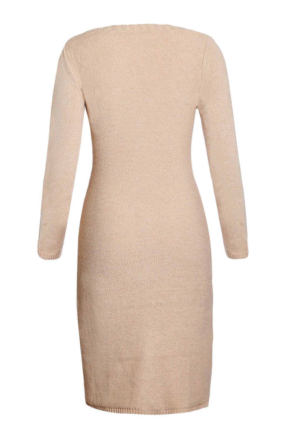 A stylish women's khaki hand knitted sweater dress featuring an O-neckline and full sleeves, perfect for autumn and winter wear.