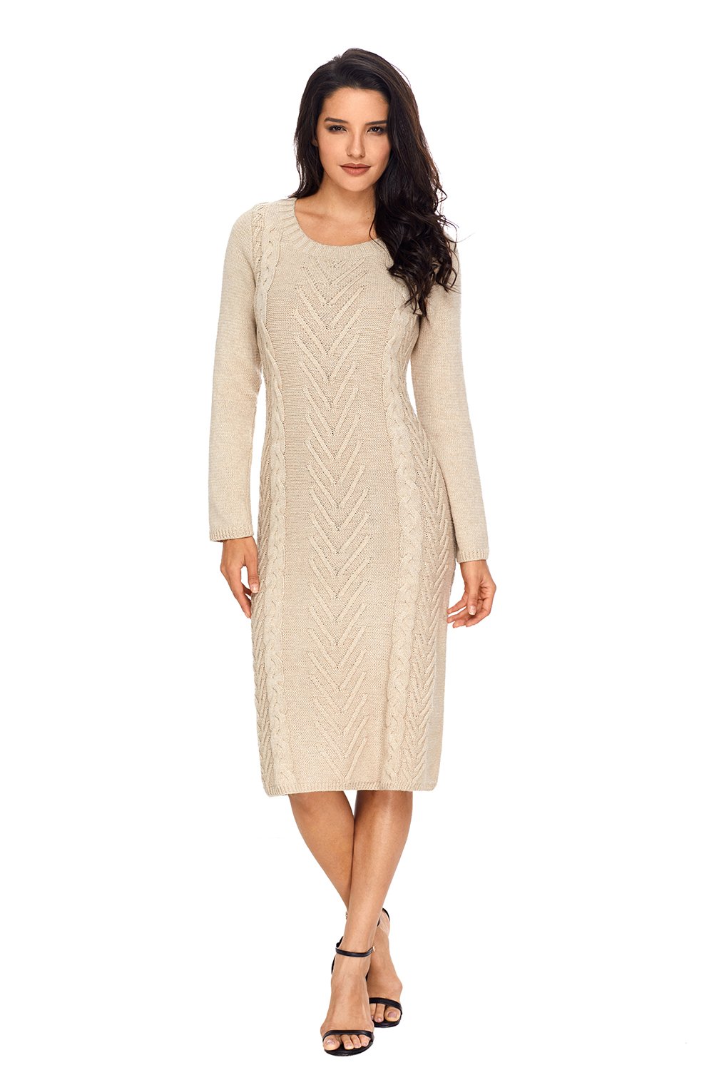 A stylish women's khaki hand knitted sweater dress featuring an O-neckline and full sleeves, perfect for autumn and winter wear.