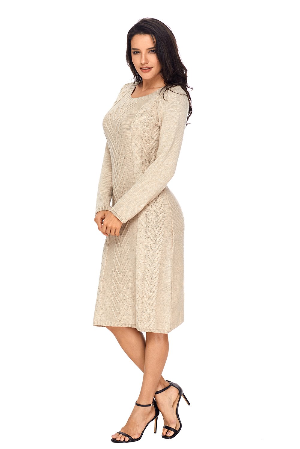 A stylish women's khaki hand knitted sweater dress featuring an O-neckline and full sleeves, perfect for autumn and winter wear.