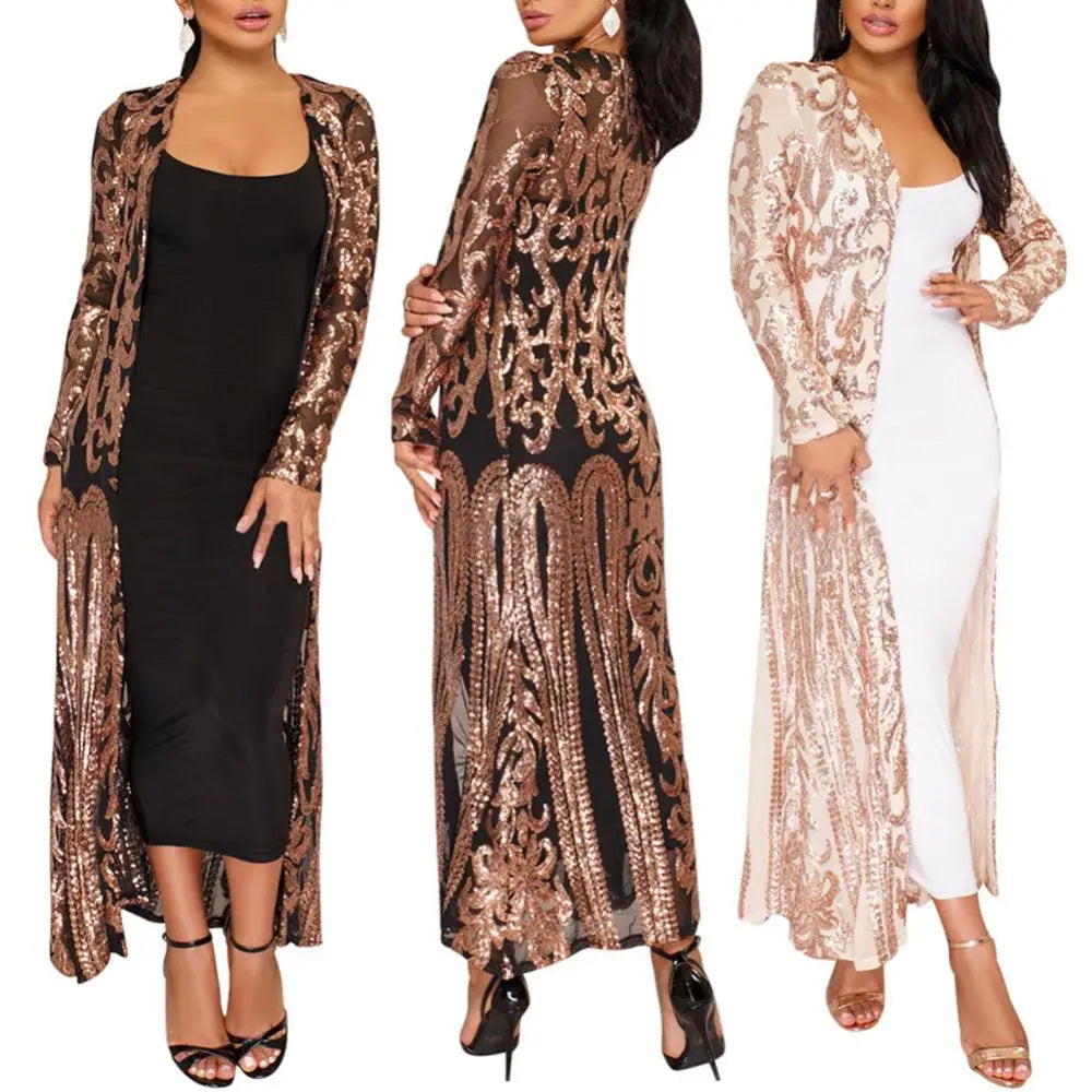 A stylish Women's Long Sequin Coat featuring a v-neck collar, full-length sleeves, and shimmering sequins, perfect for evening wear.