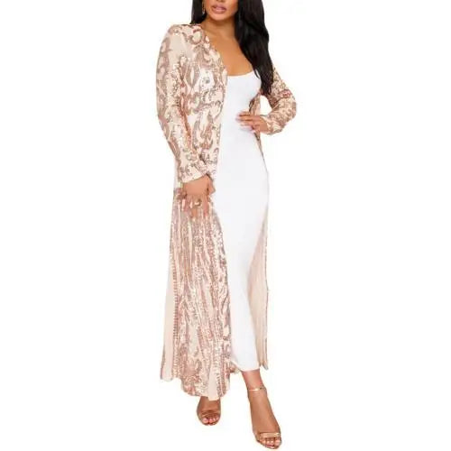 A stylish Women's Long Sequin Coat featuring a v-neck collar, full-length sleeves, and shimmering sequins, perfect for evening wear.