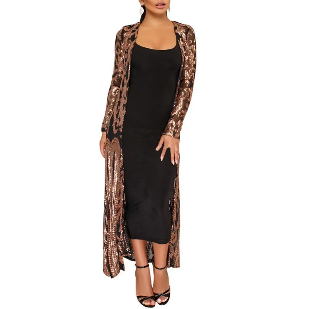 A stylish Women's Long Sequin Coat featuring a v-neck collar, full-length sleeves, and shimmering sequins, perfect for evening wear.