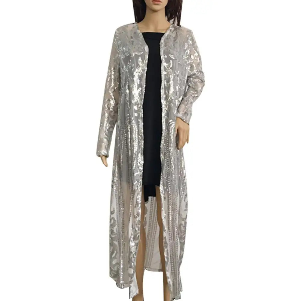 A stylish Women's Long Sequin Coat featuring a v-neck collar, full-length sleeves, and shimmering sequins, perfect for evening wear.