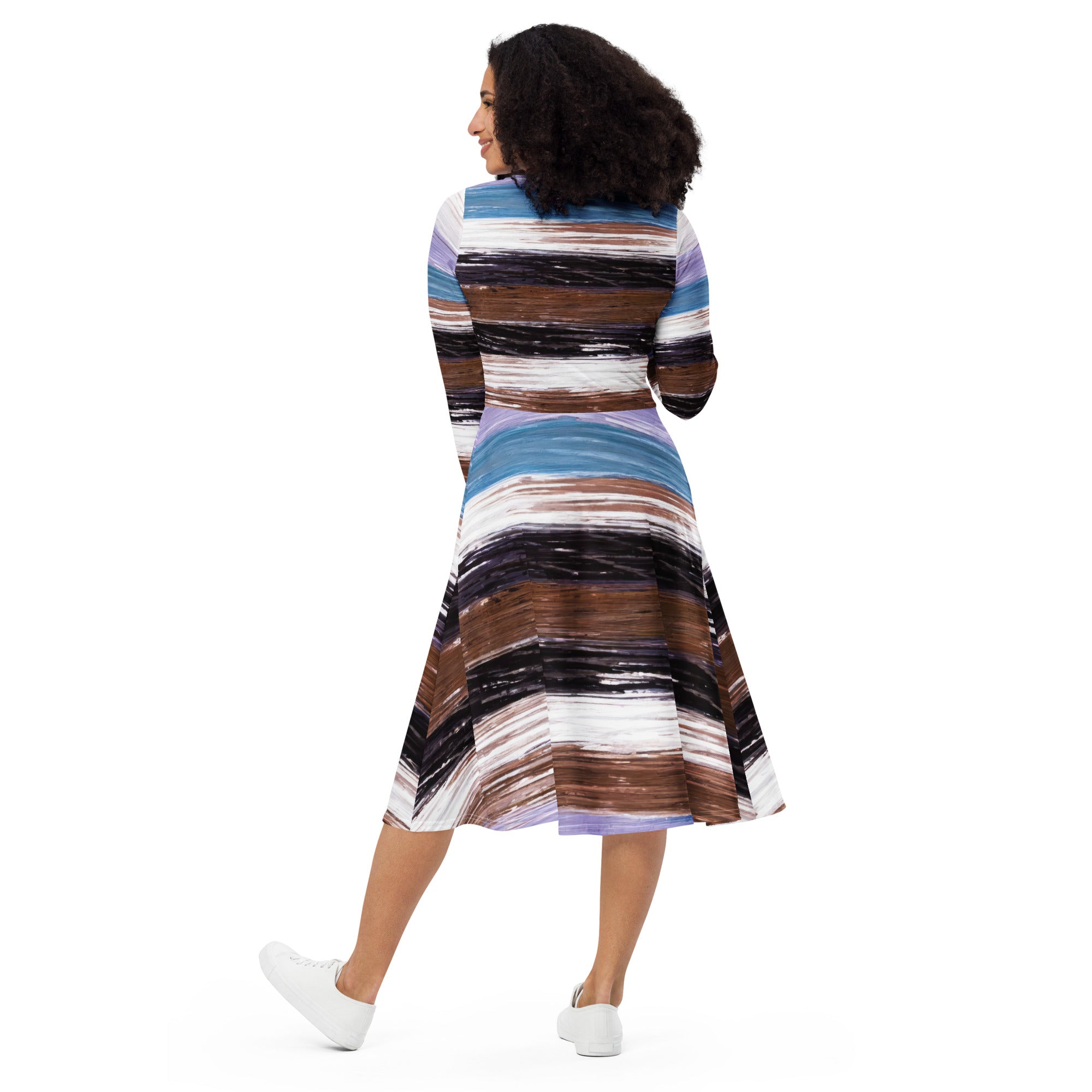 Womens Long Sleeve Midi Dress featuring a lavender, black, and brown rustic pattern, showcasing its fitted waist and flared bottom design.