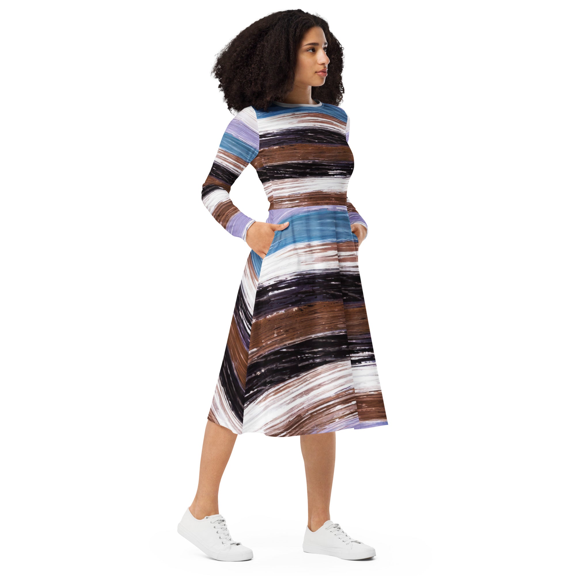 Womens Long Sleeve Midi Dress featuring a lavender, black, and brown rustic pattern, showcasing its fitted waist and flared bottom design.