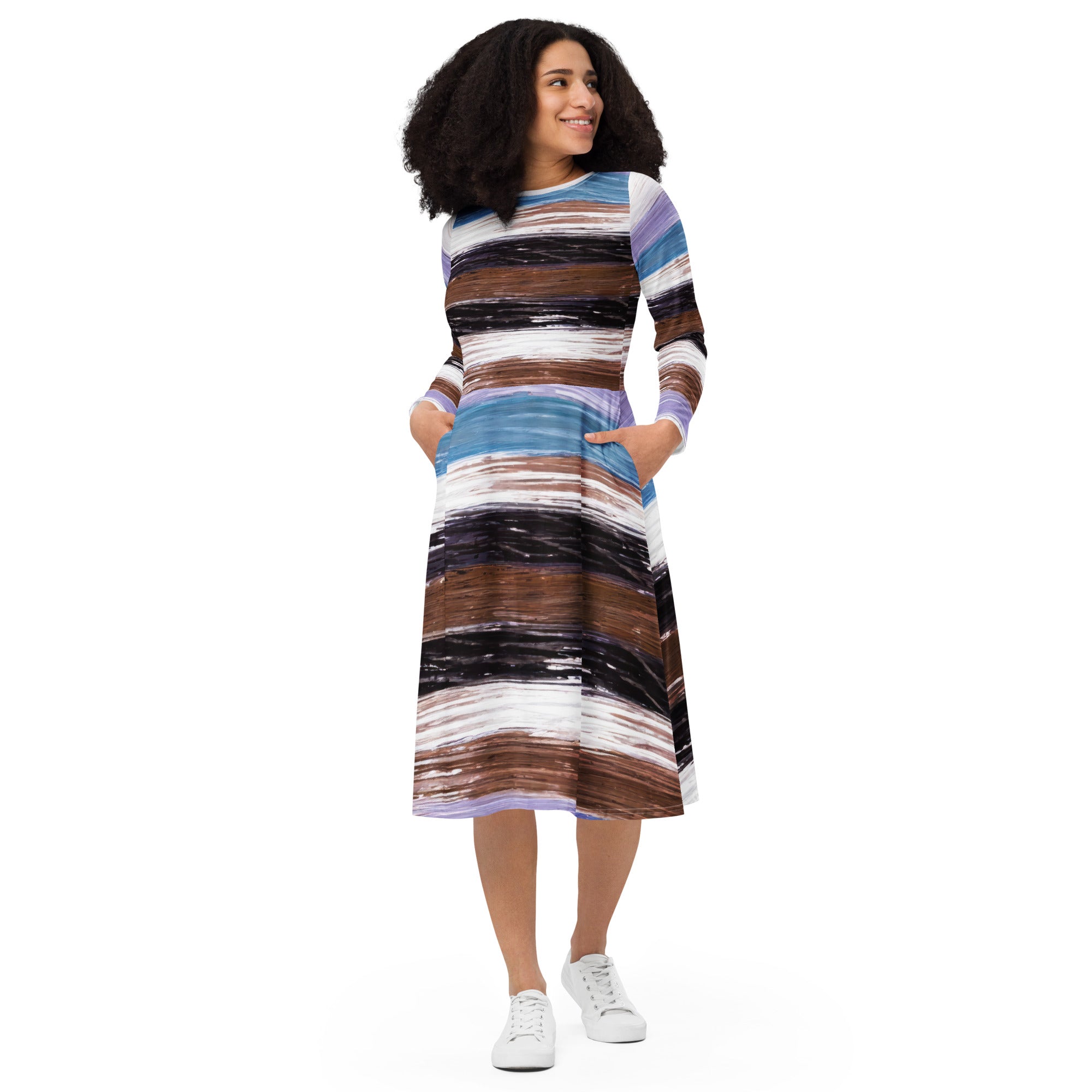 Womens Long Sleeve Midi Dress featuring a lavender, black, and brown rustic pattern, showcasing its fitted waist and flared bottom design.