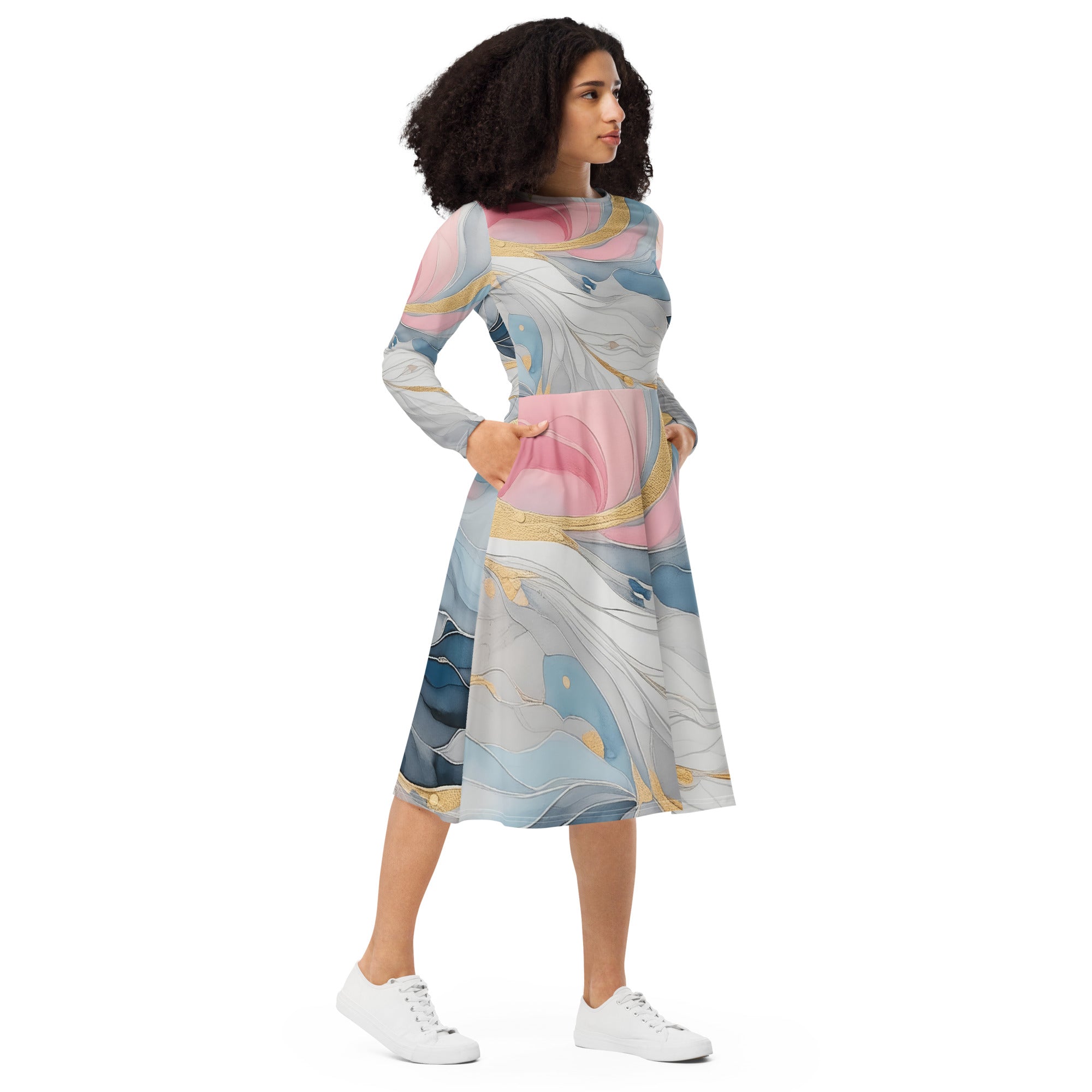 Womens Long Sleeve Midi Dress in Marble Cloud of Grey Pink Blue, featuring a fitted waist, flared bottom, and side pockets.