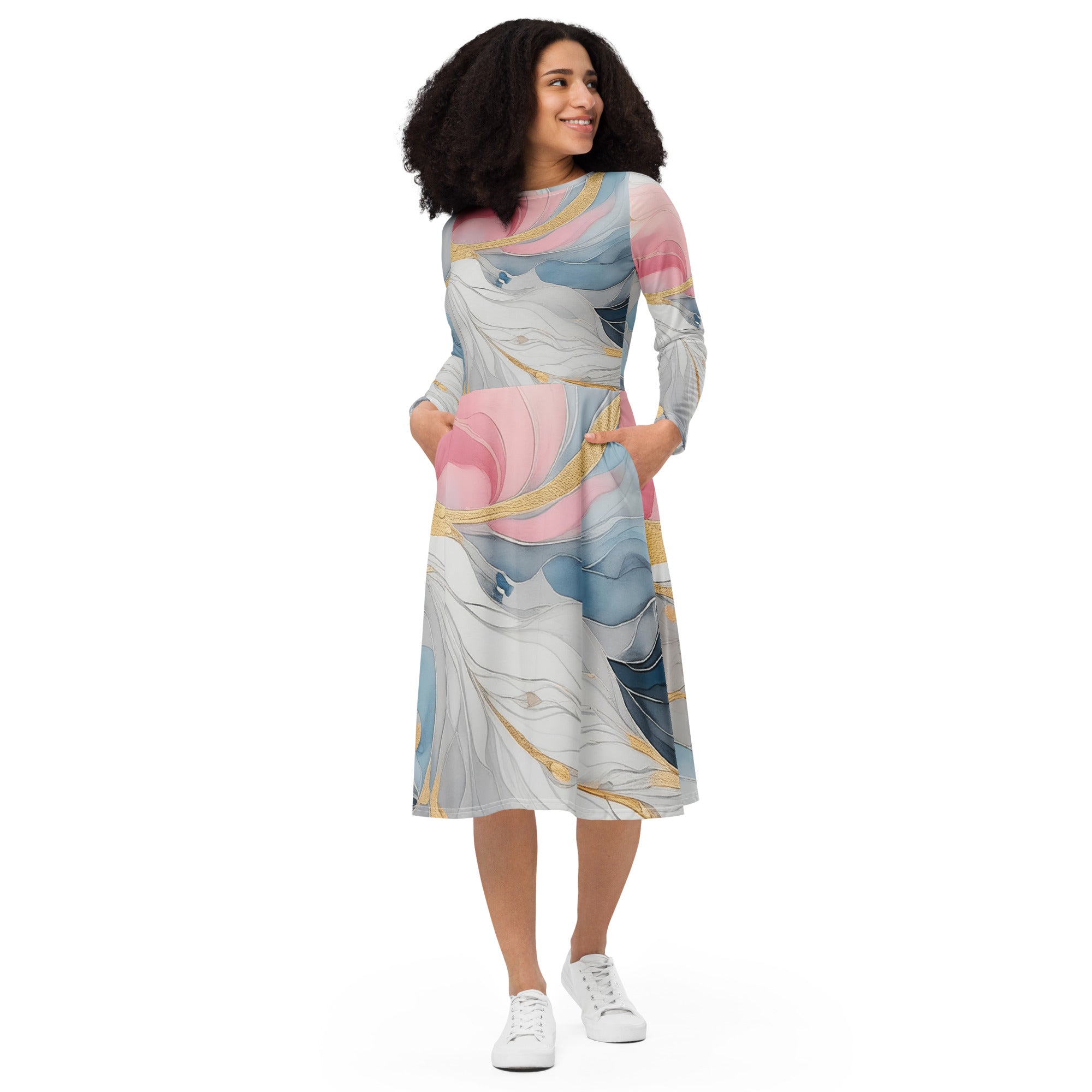 Womens Long Sleeve Midi Dress in Marble Cloud of Grey Pink Blue, featuring a fitted waist, flared bottom, and side pockets.