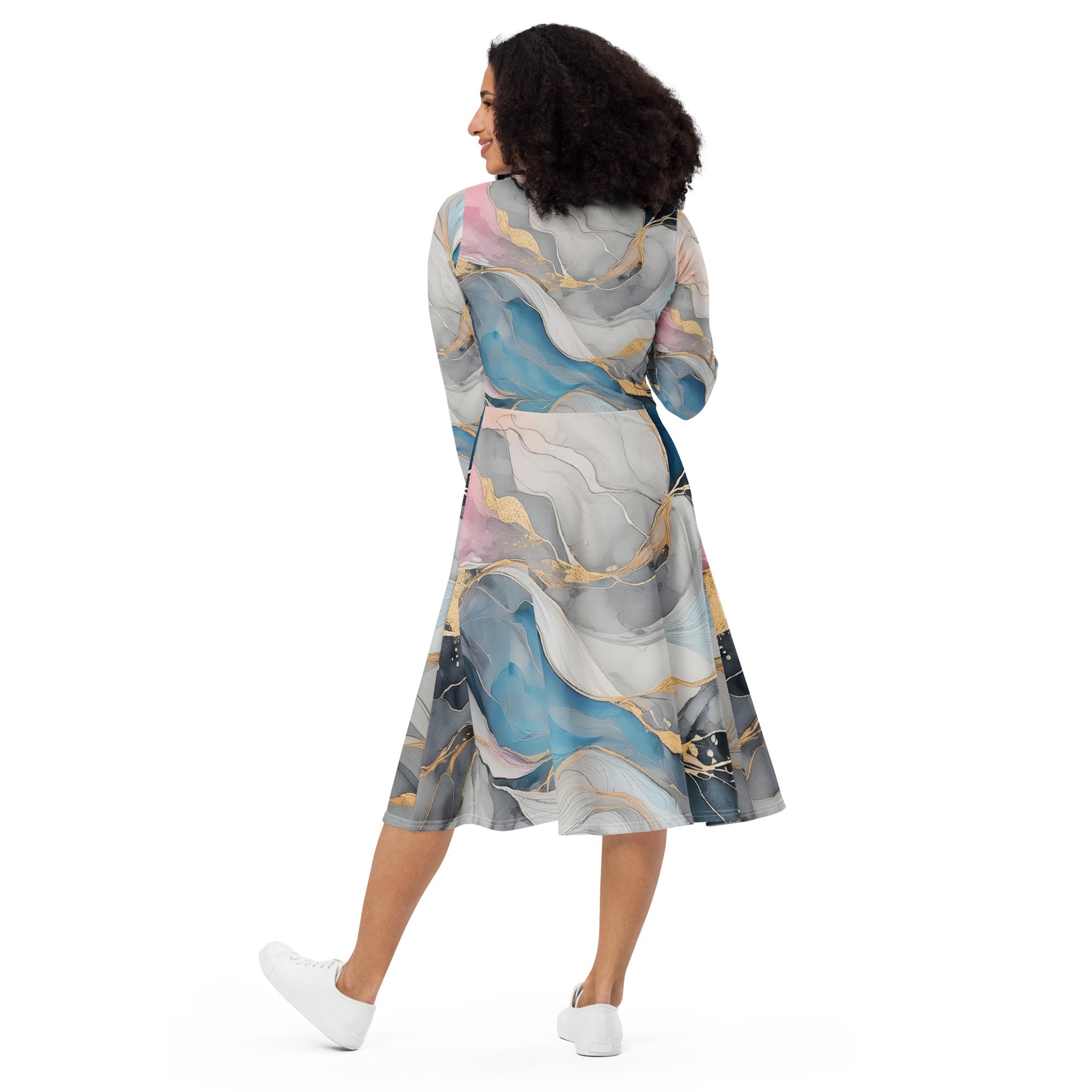 Womens Long Sleeve Midi Dress in Marble Cloud pattern featuring grey, pink, and blue colors, with long sleeves and side pockets.