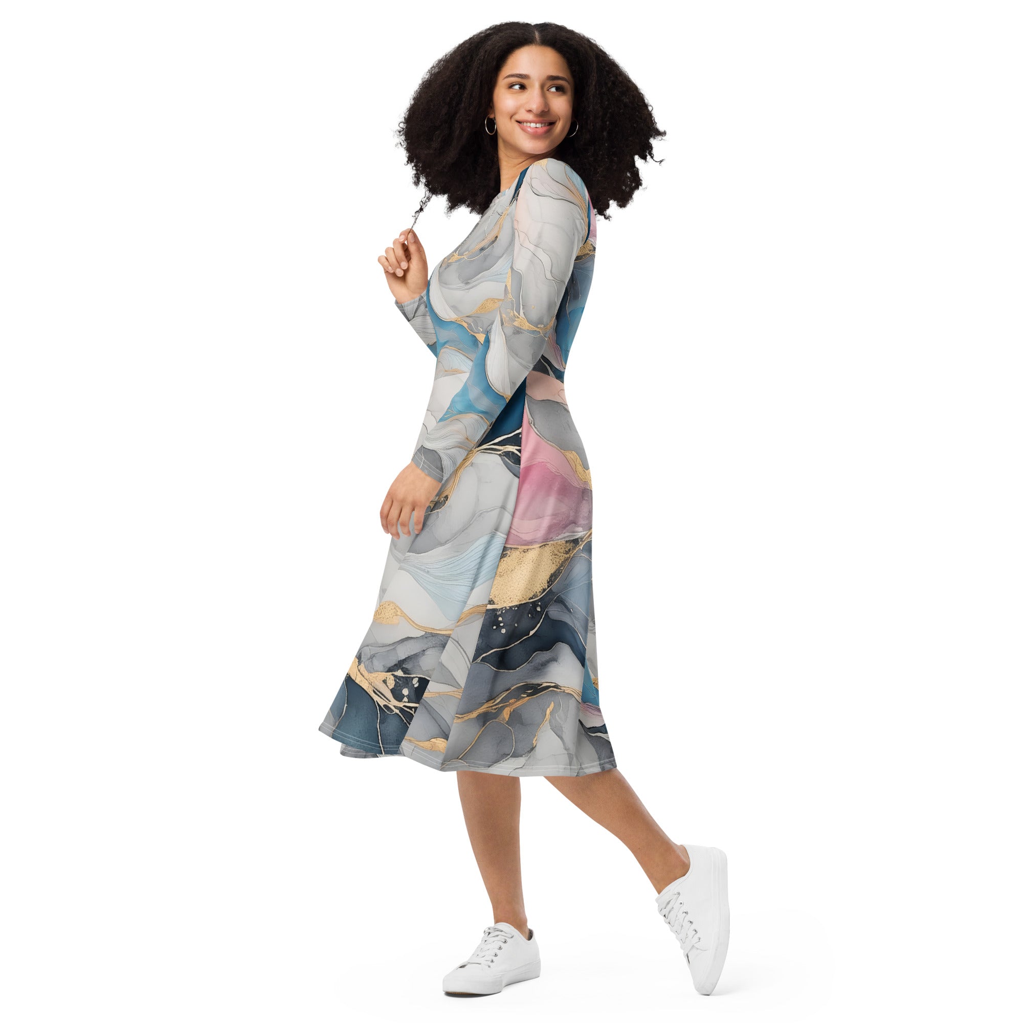 Womens Long Sleeve Midi Dress in Marble Cloud pattern featuring grey, pink, and blue colors, with long sleeves and side pockets.