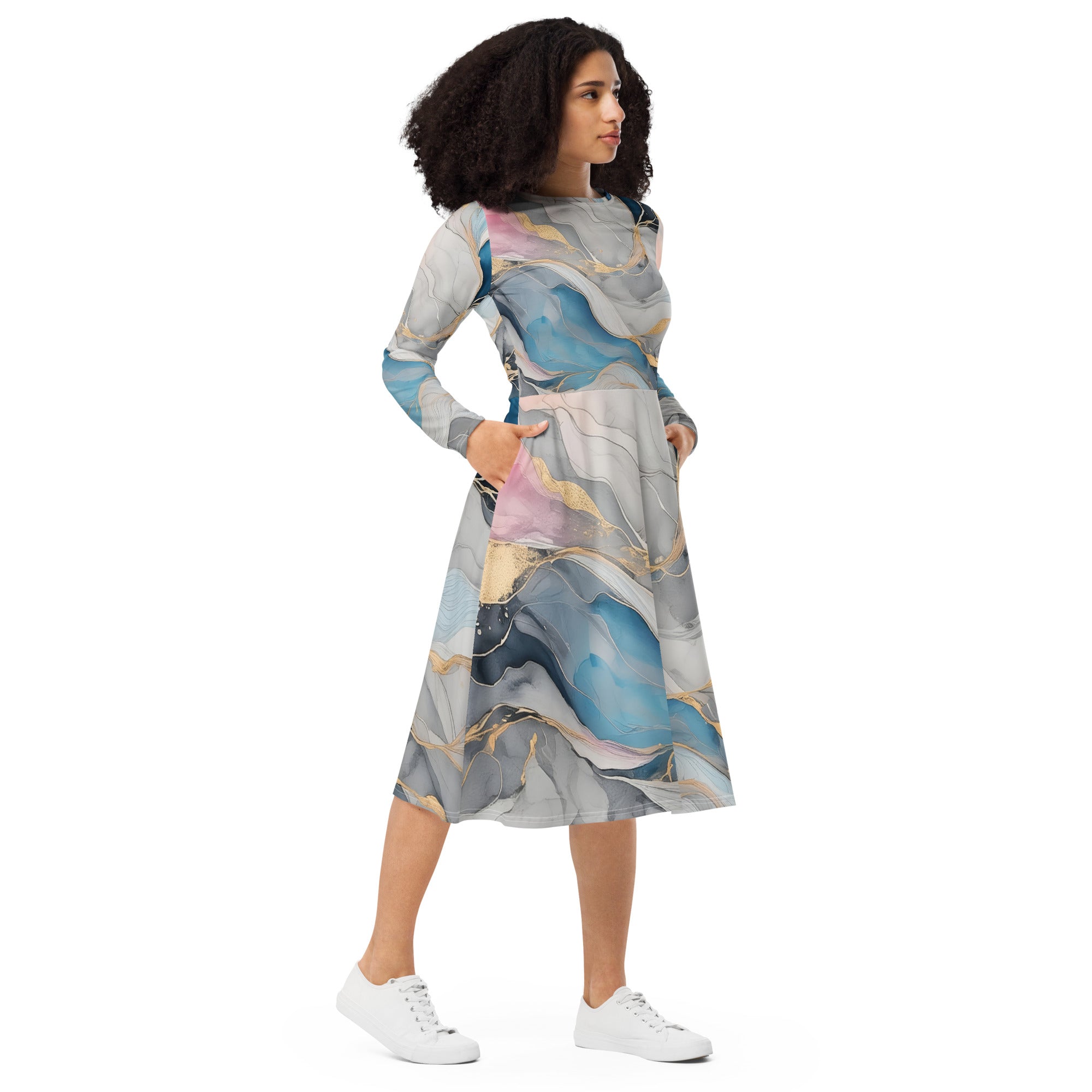 Womens Long Sleeve Midi Dress in Marble Cloud pattern featuring grey, pink, and blue colors, with long sleeves and side pockets.