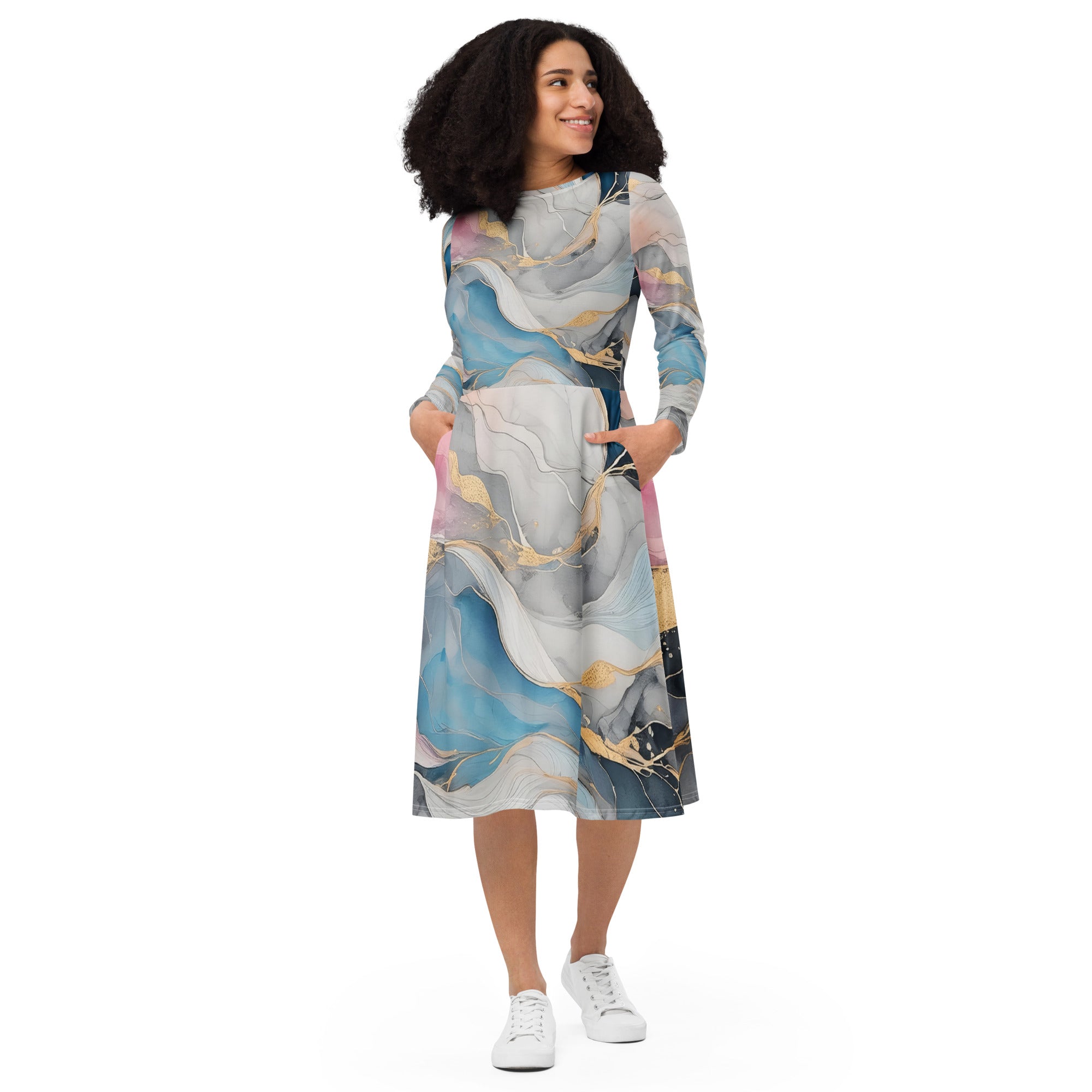 Womens Long Sleeve Midi Dress in Marble Cloud pattern featuring grey, pink, and blue colors, with long sleeves and side pockets.