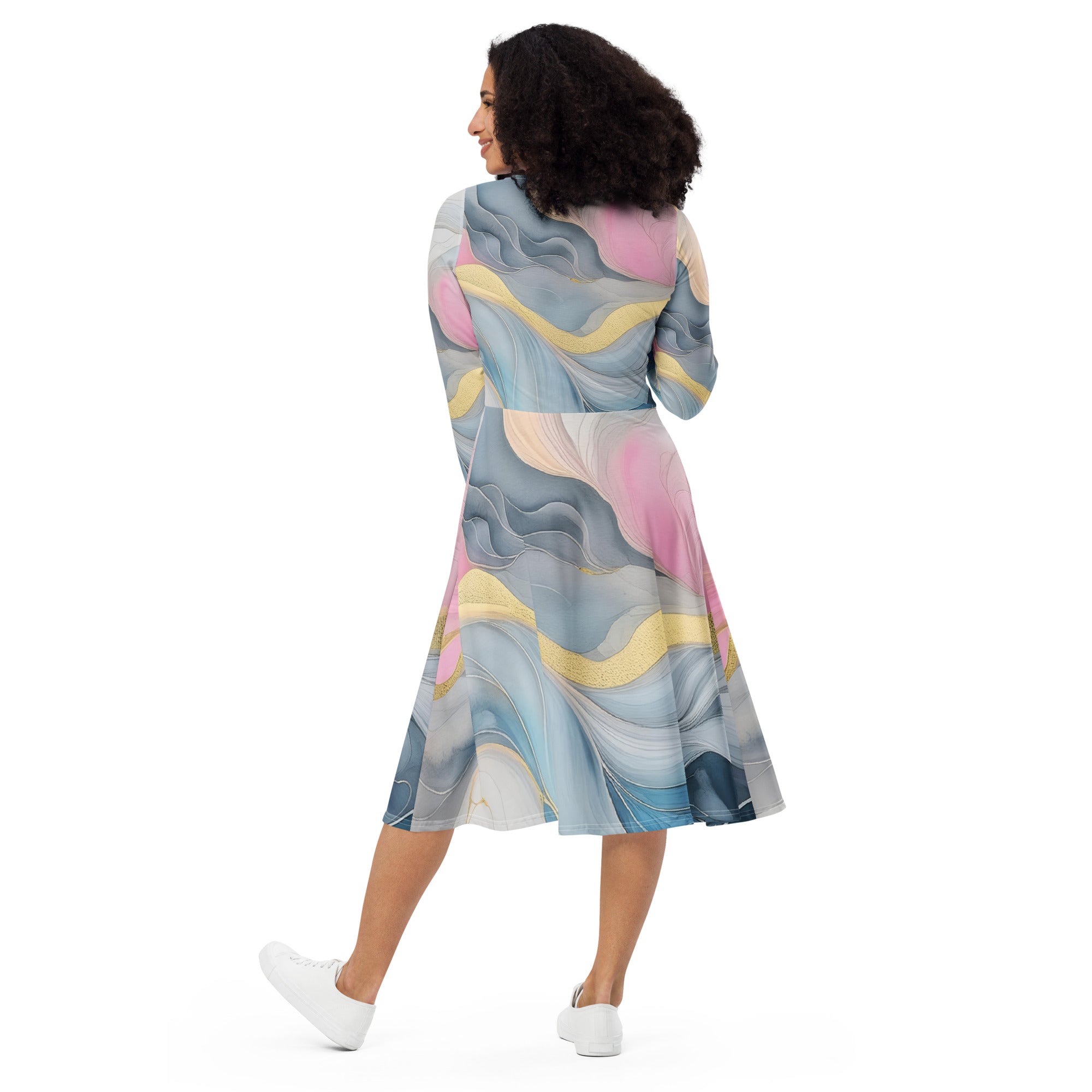 Womens Long Sleeve Midi Dress in Marble Cloud of Grey Pink Blue, featuring a fitted waist, flared bottom, and side pockets.